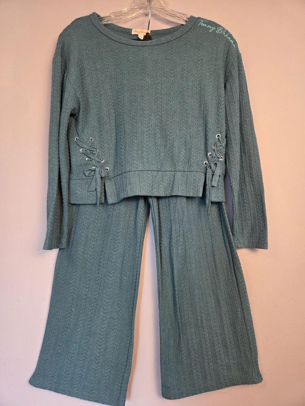 Tommy Bahama Teal Cable Knit Top & Wide-Leg Pants Lounge Set Girls 8 EUC